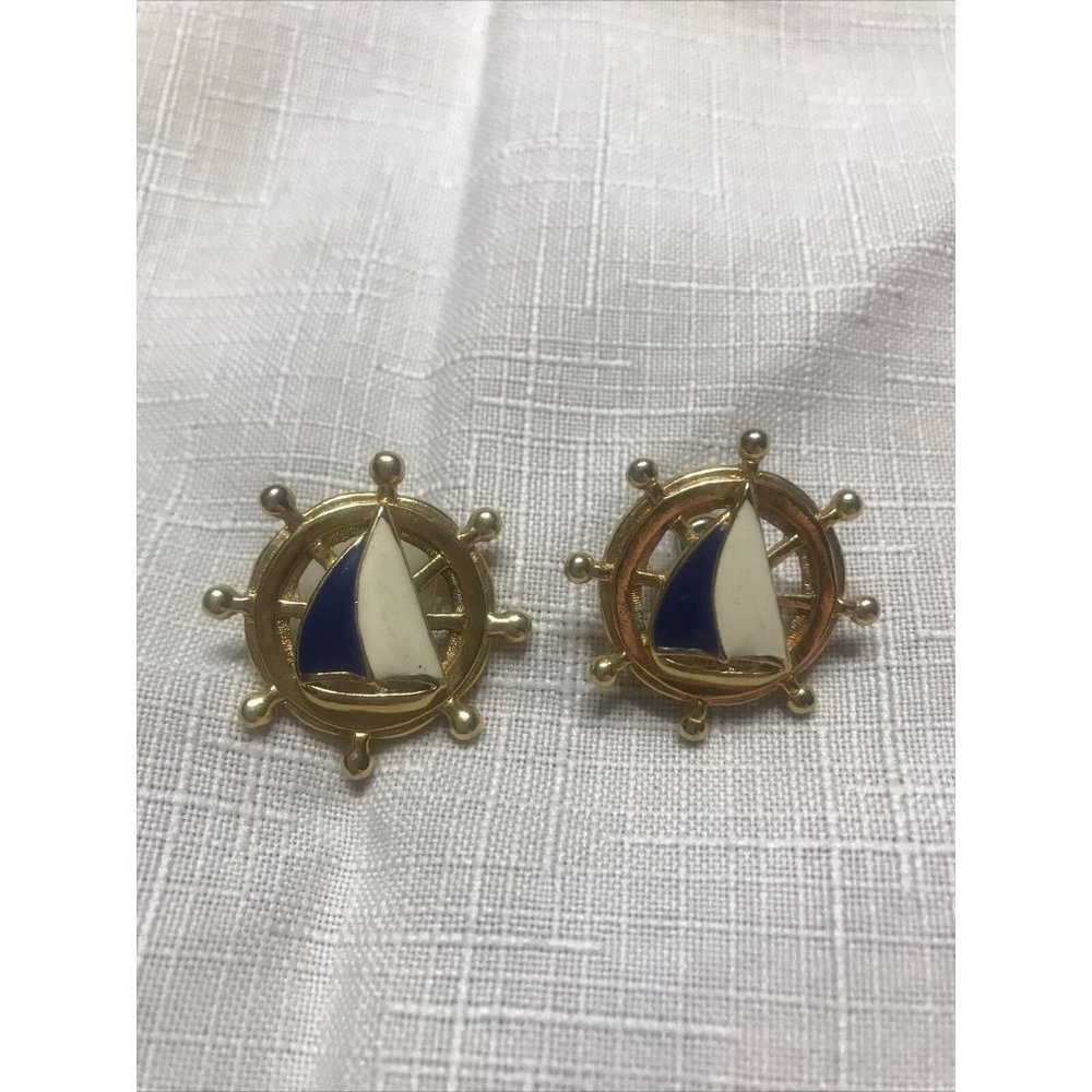 VIntage AVON Nautical Blue White Enamel Sail Boat Gold Tone Pierced Earrings 1"